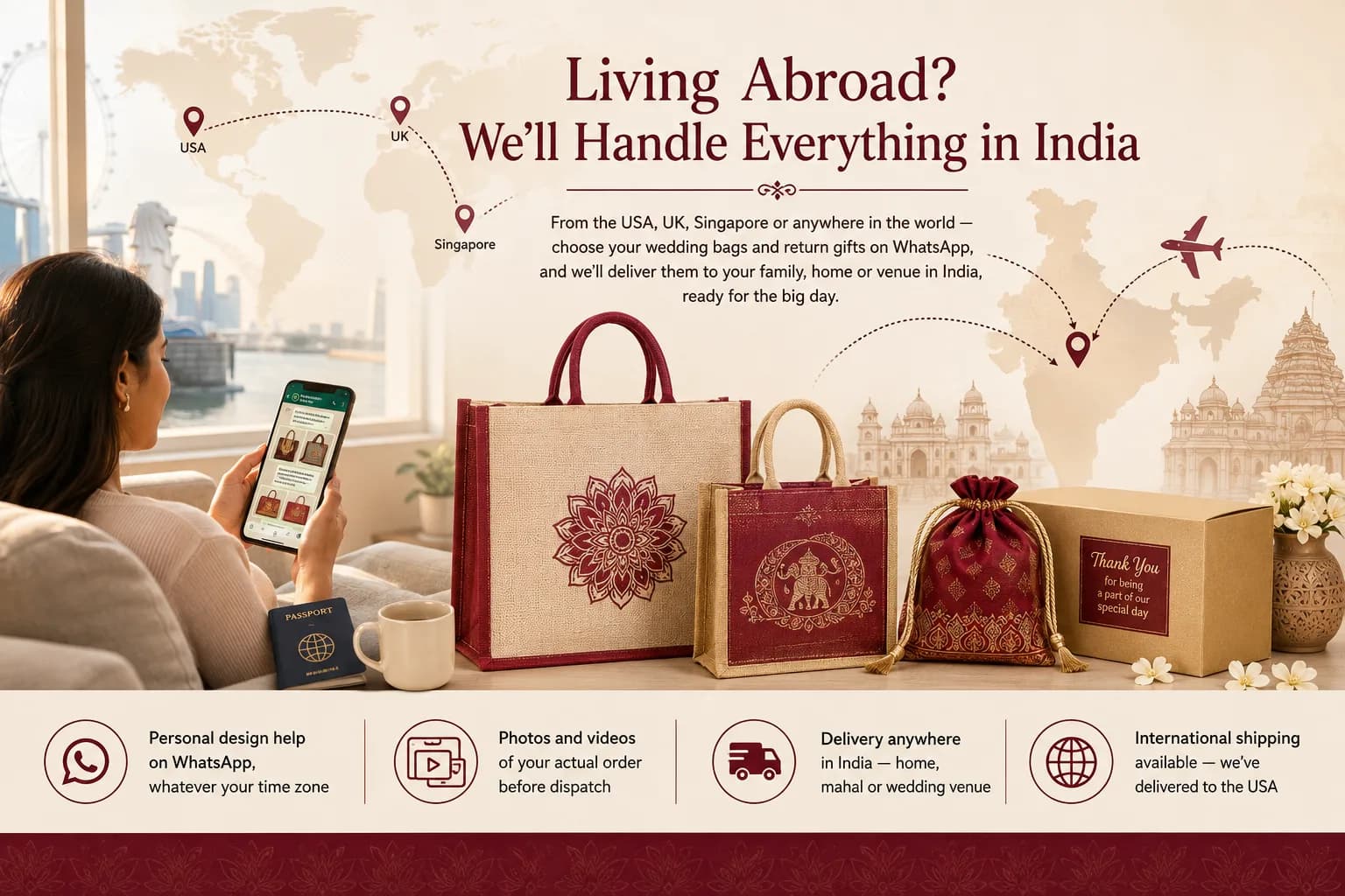 Living abroad? Order wedding bags and return gifts on WhatsApp from the USA, UK or Singapore — delivered to your family or venue in India